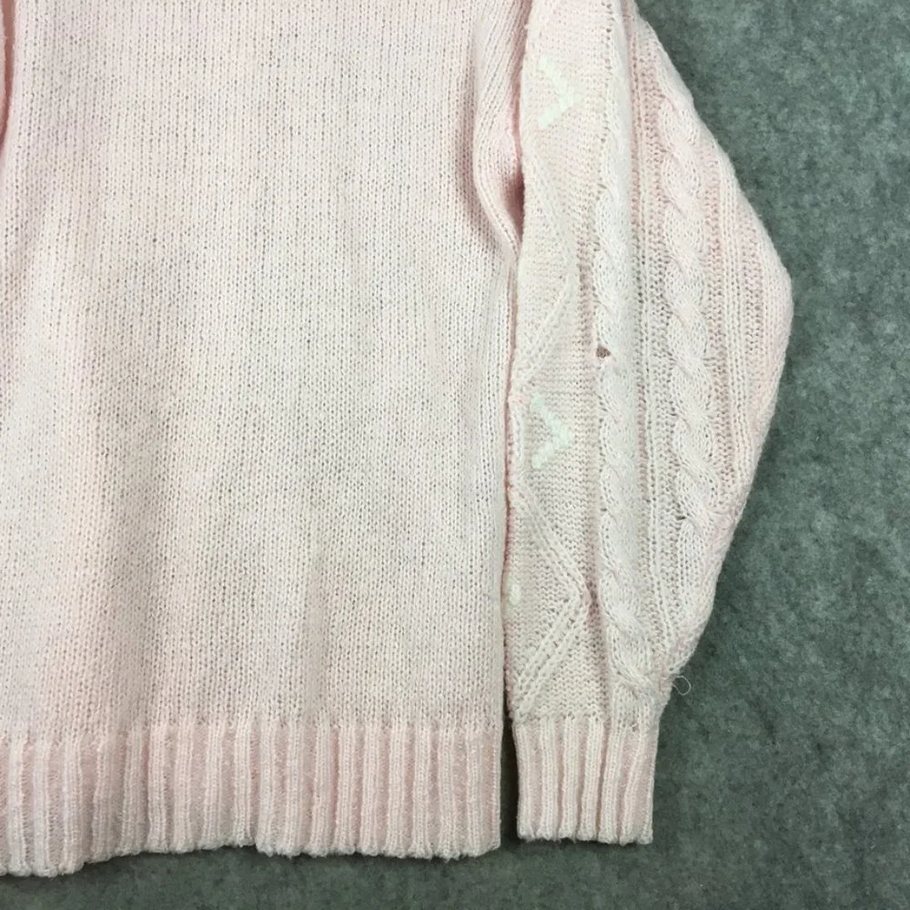Vintage Grandma Sweater M Pastel Pink Cable Knit Oversized Balloon Sleeve White